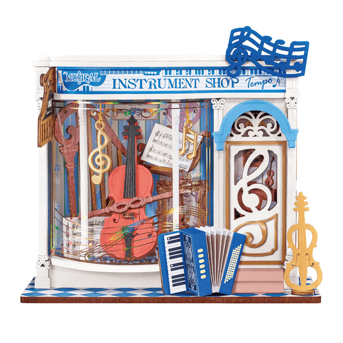 Rolife Melody Instrument Shop DS047 DIY miniature house kit front product view with music shop details
