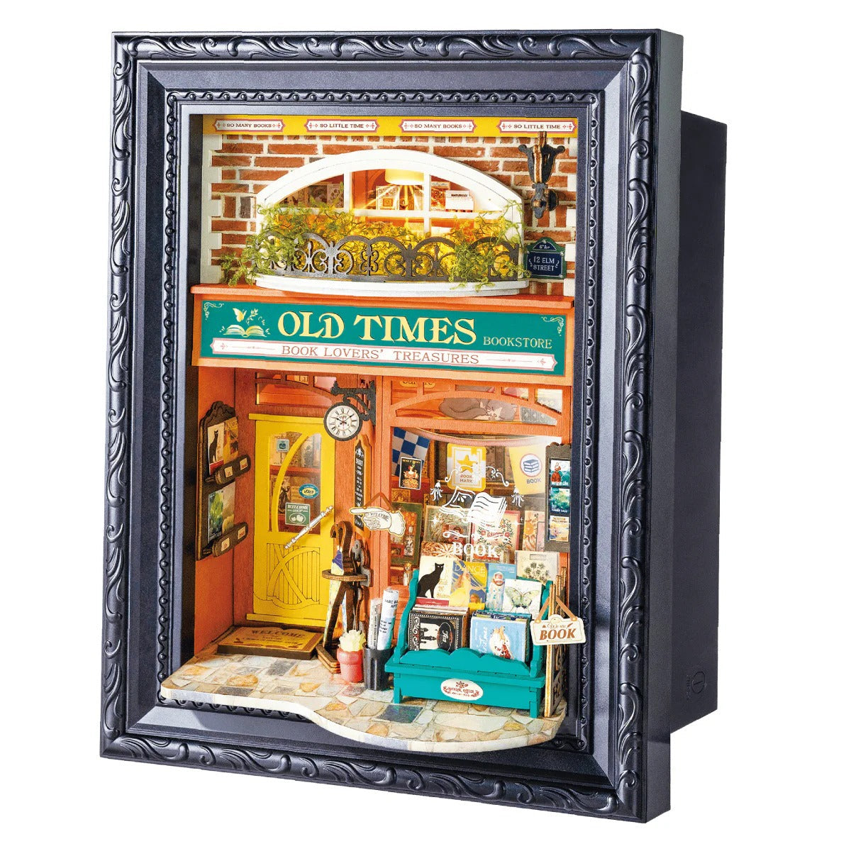 Rolife Old Times Bookstore DP004 3D wooden puzzle main product view with black story frame and vintage bookstore scene
