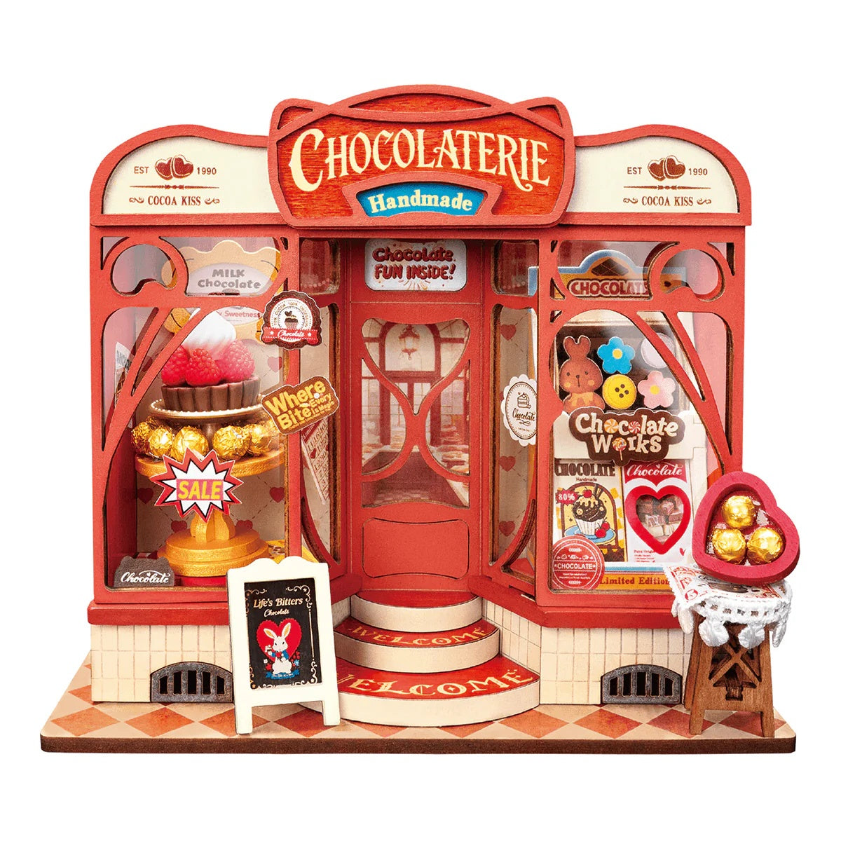 Rolife Sweet Chocolate Shop DS046 DIY miniature house kit front view with red chocolate shop facade