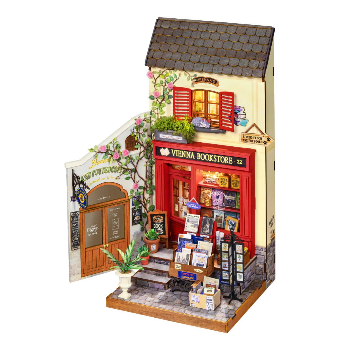 Rolife Vienna Bookstore DG183 DIY miniature house kit with red bookstore facade and warm LED light