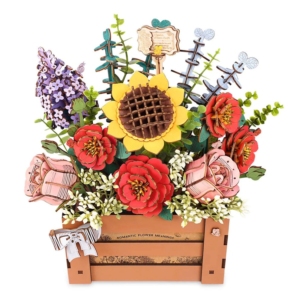 Rowood Wooden Bloom Box TW02H DIY 3D puzzle clean product view featuring a colourful wooden flower arrangement in a decorative crate box
