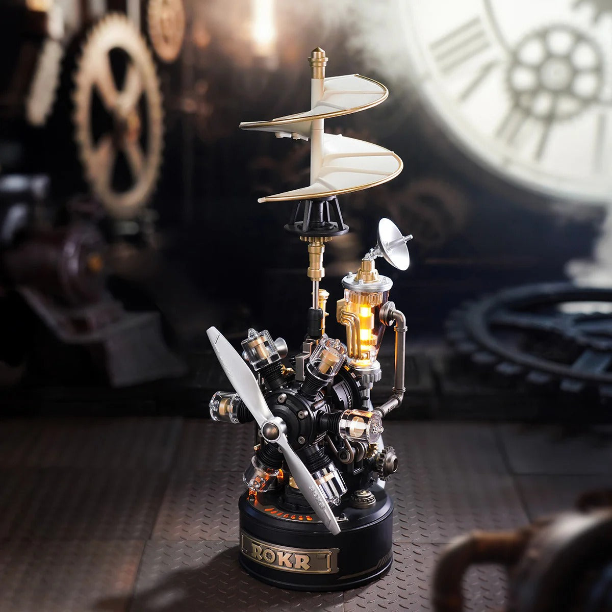 ROKR Leonardo da Vinci's Helicopter CGL01 displayed as a steampunk mechanical model