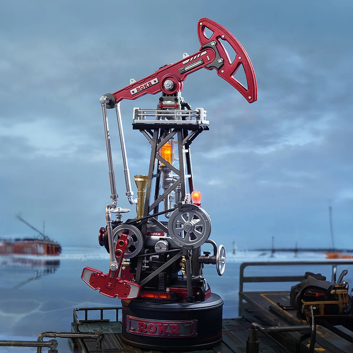 ROKR Oil Pump Jack CGL03 assembled mechanical model displayed in an Industrial City dock scene