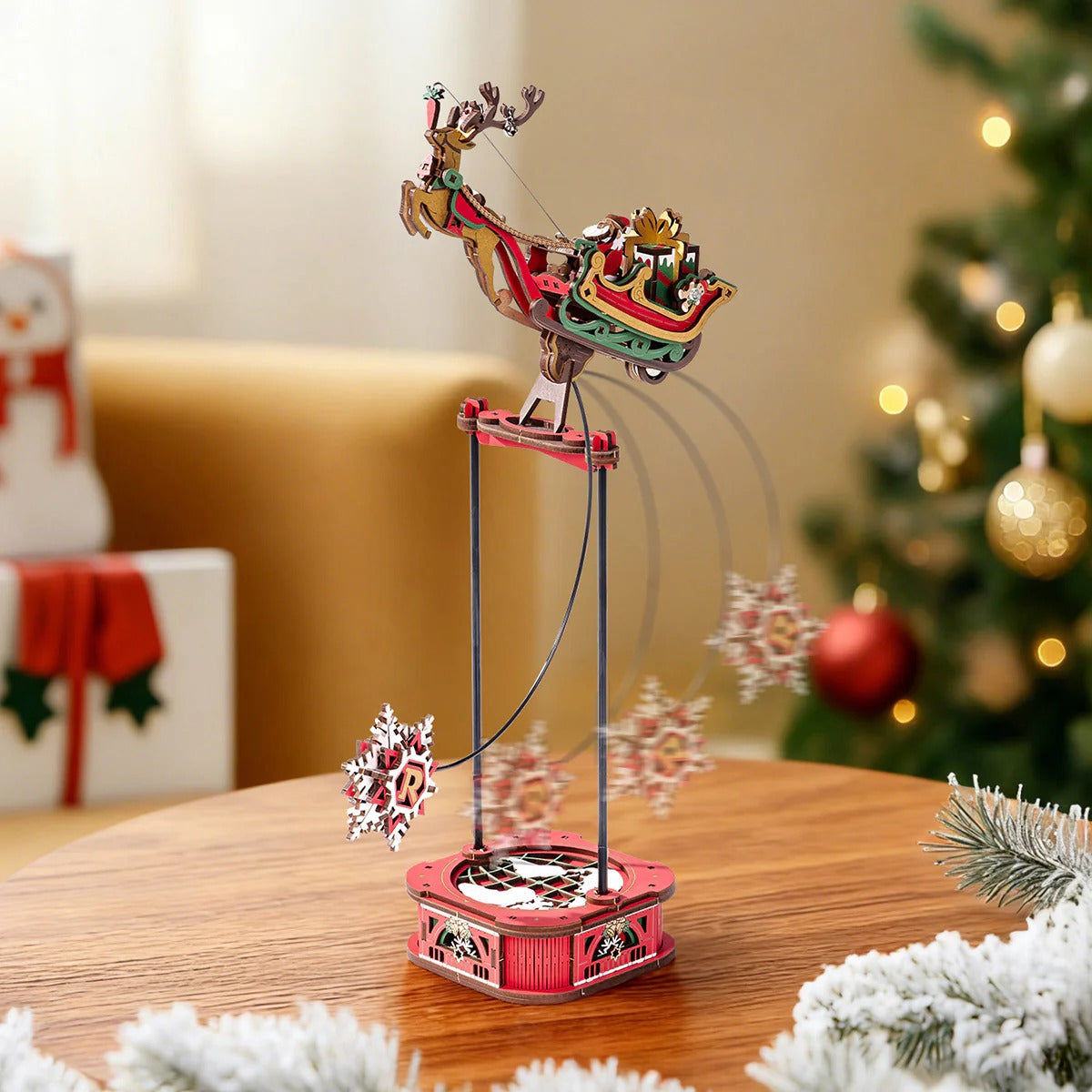 ROKR Santa on Sleigh MCD05 angled product view showing reindeer sleigh and detailed wooden parts