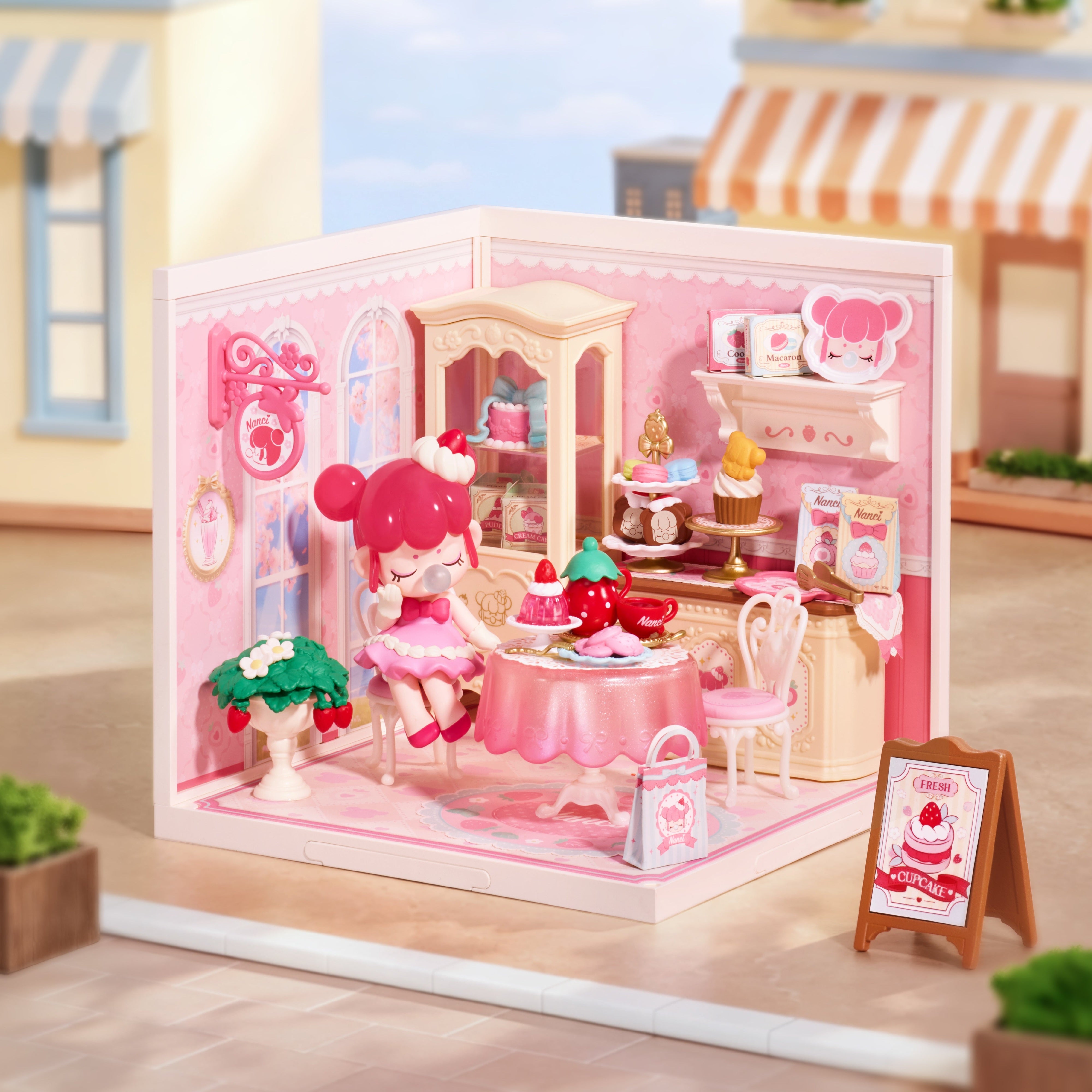Rolife Nanci's Strawberry Teatime DWL07 — miniature room in a display setting DIY kit display