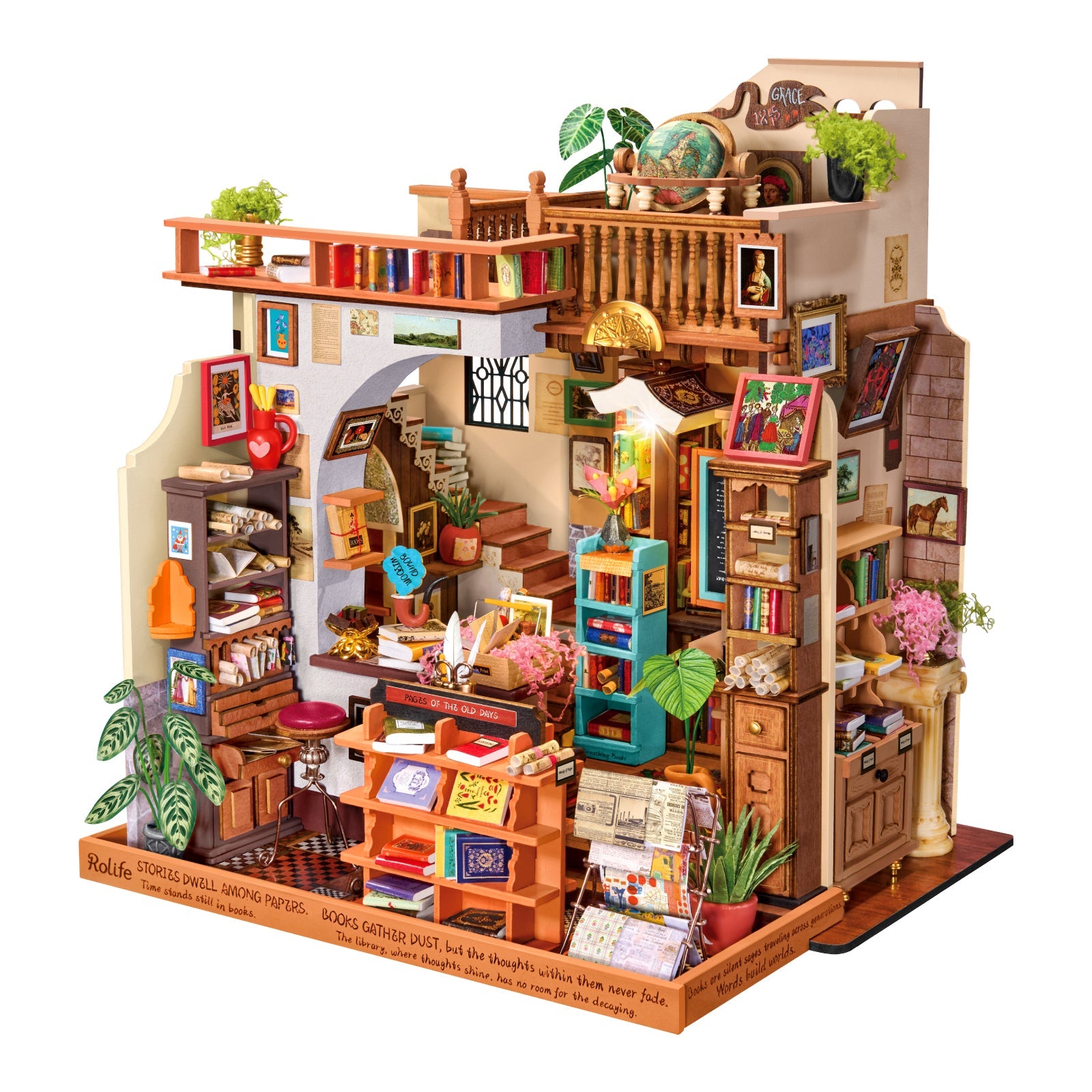 Rolife Pagestory Books DH103 — completed bookshop shown beside a person for scale DIY kit detail