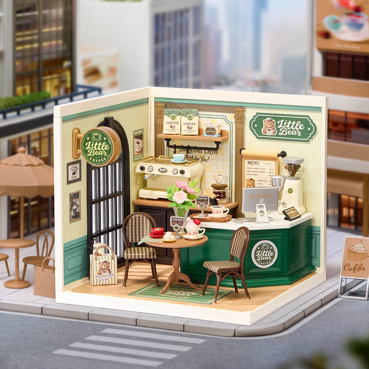 Rolife Perfect Romance Café DW028 — cafe displayed in a miniature street DIY kit detail