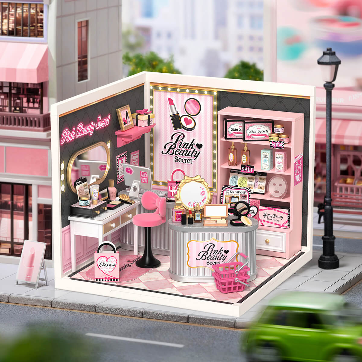 Rolife Pink Beauty Secret DW026 — boutique displayed in a miniature street DIY kit detail