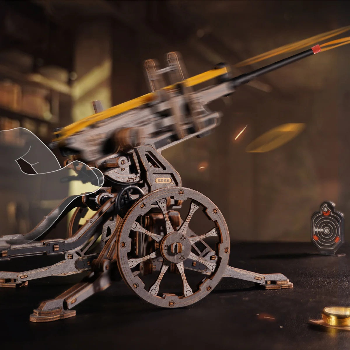 ROKR Anti-aircraft Gun LQM01 showing rubber band firing action with simulated recoil