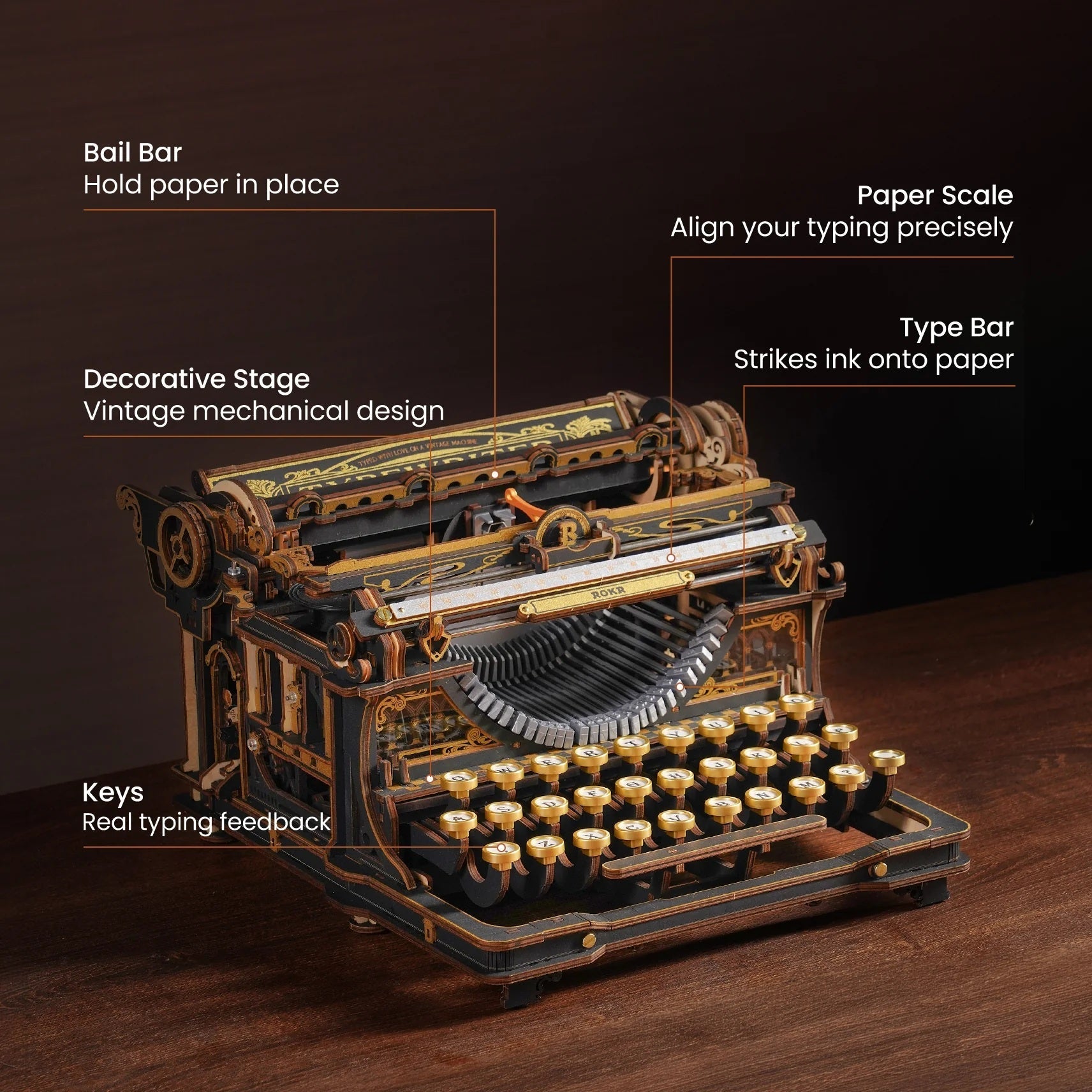 ROKR Mechanical Typewriter LK703B functional parts overview with bail bar paper scale type bar and keys