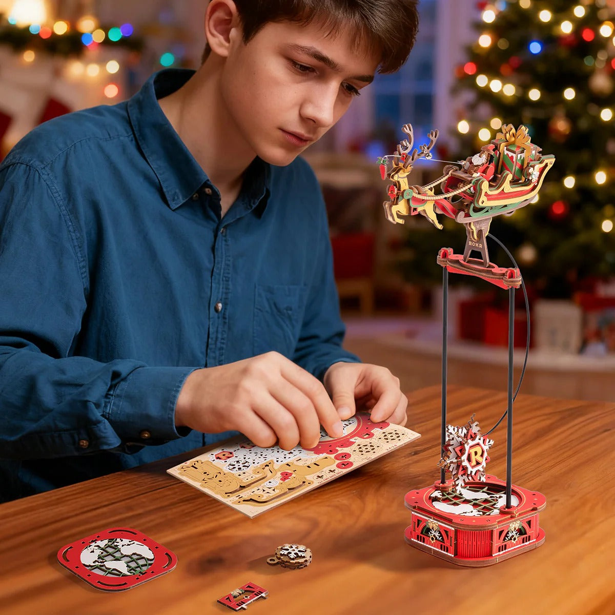 ROKR Santa on Sleigh MCD05 wooden 3D puzzle assembly scene with Christmas background