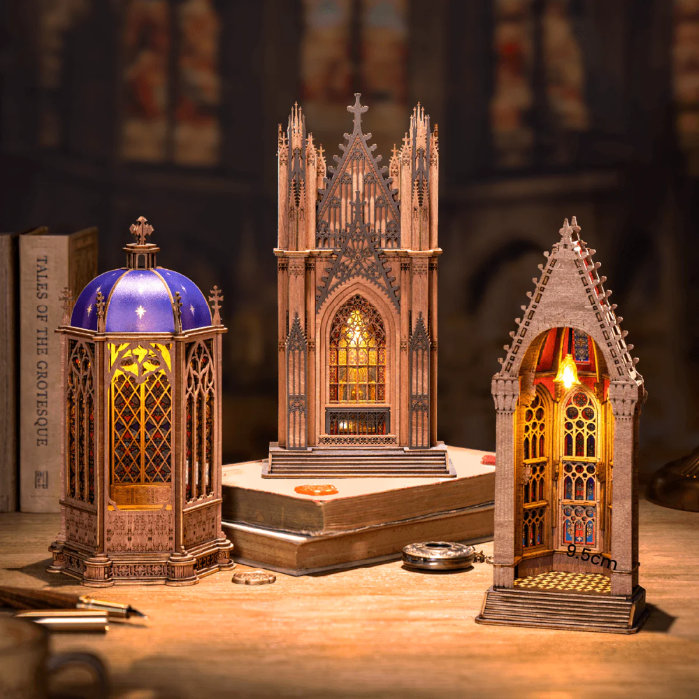 Rolife Rose Window Cathedral collection featuring TGA01, TGA02 and TGA03 illuminated cathedral models
