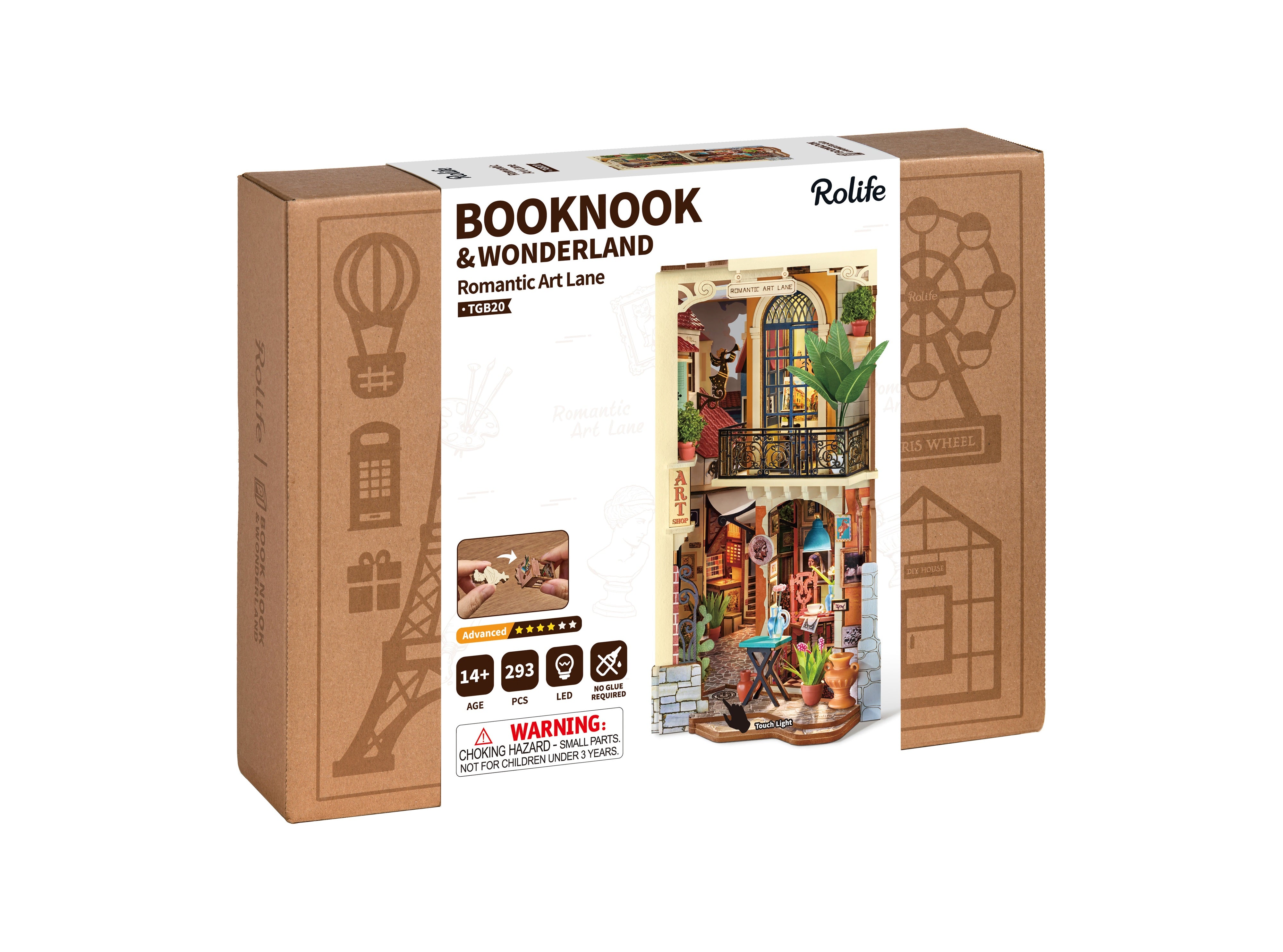 Rolife Romantic Art Lane TGB20 — retail packaging viewed at an angle DIY kit