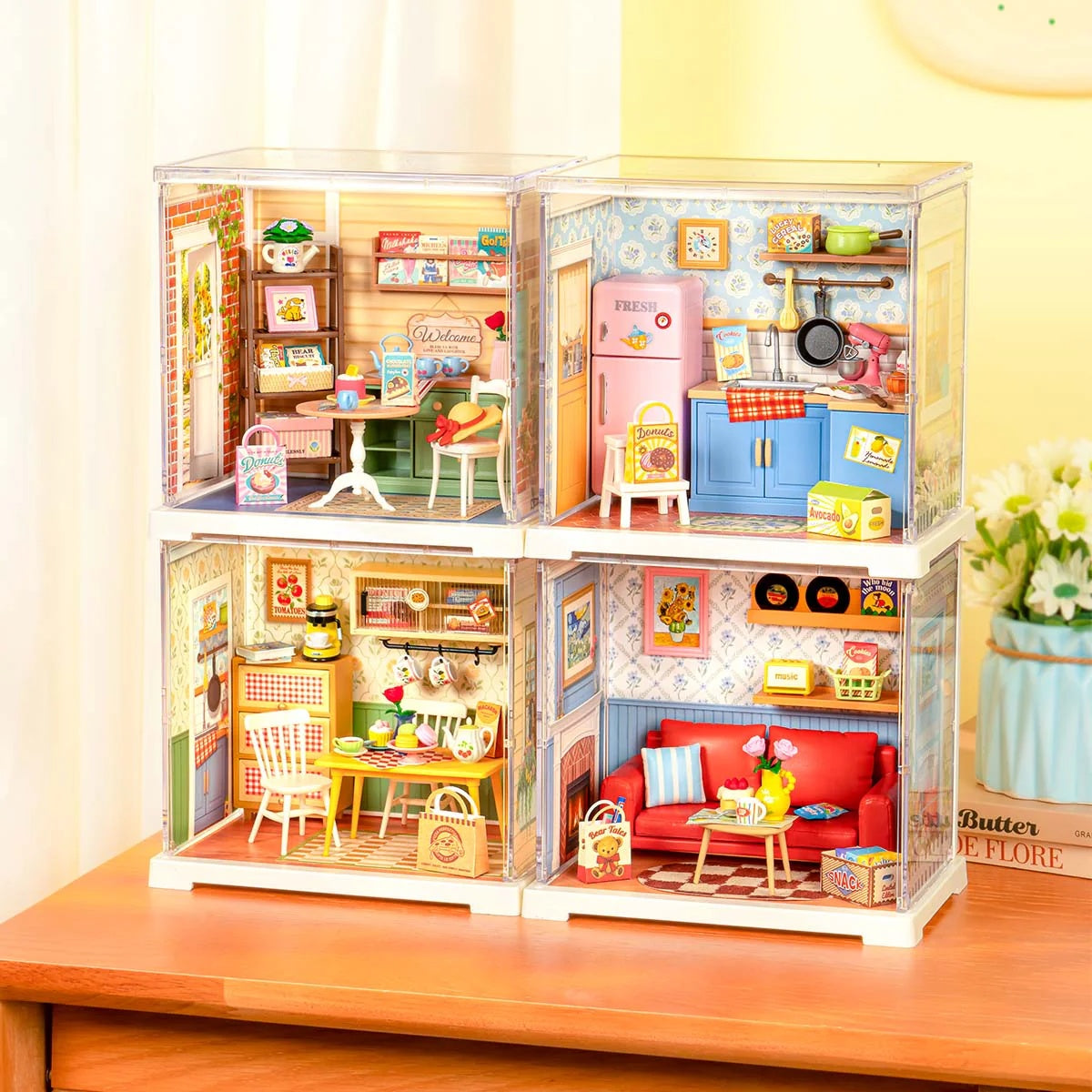 Rolife Sunshine Sip Porch DWS07B shown with other Mini Super Creator rooms in a stackable display arrangement.