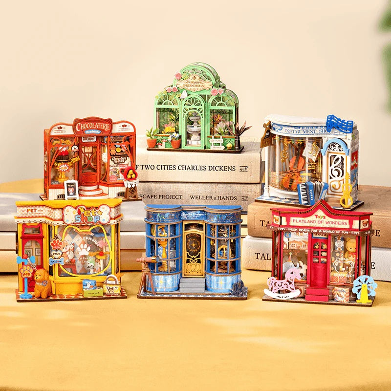 Rolife Sweet Chocolate Shop DS046 displayed with other Tiny Stores miniature house kits