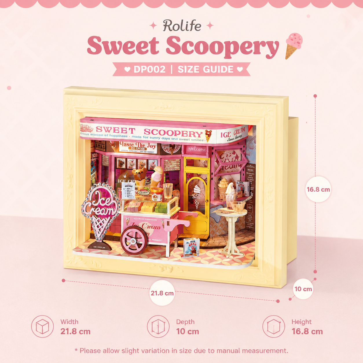 Rolife Sweet Scoopery Ice Cream DP002 assembled size guide showing 21.8 x 10 x 16.8 cm
