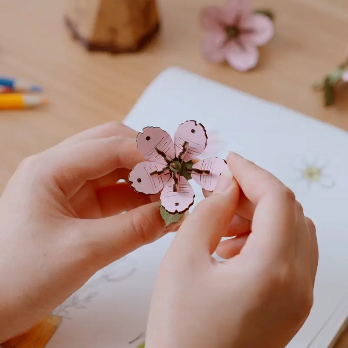 Hands assembling a pink sakura blossom for the Rowood Sakura TW101 DIY wooden flower craft kit.