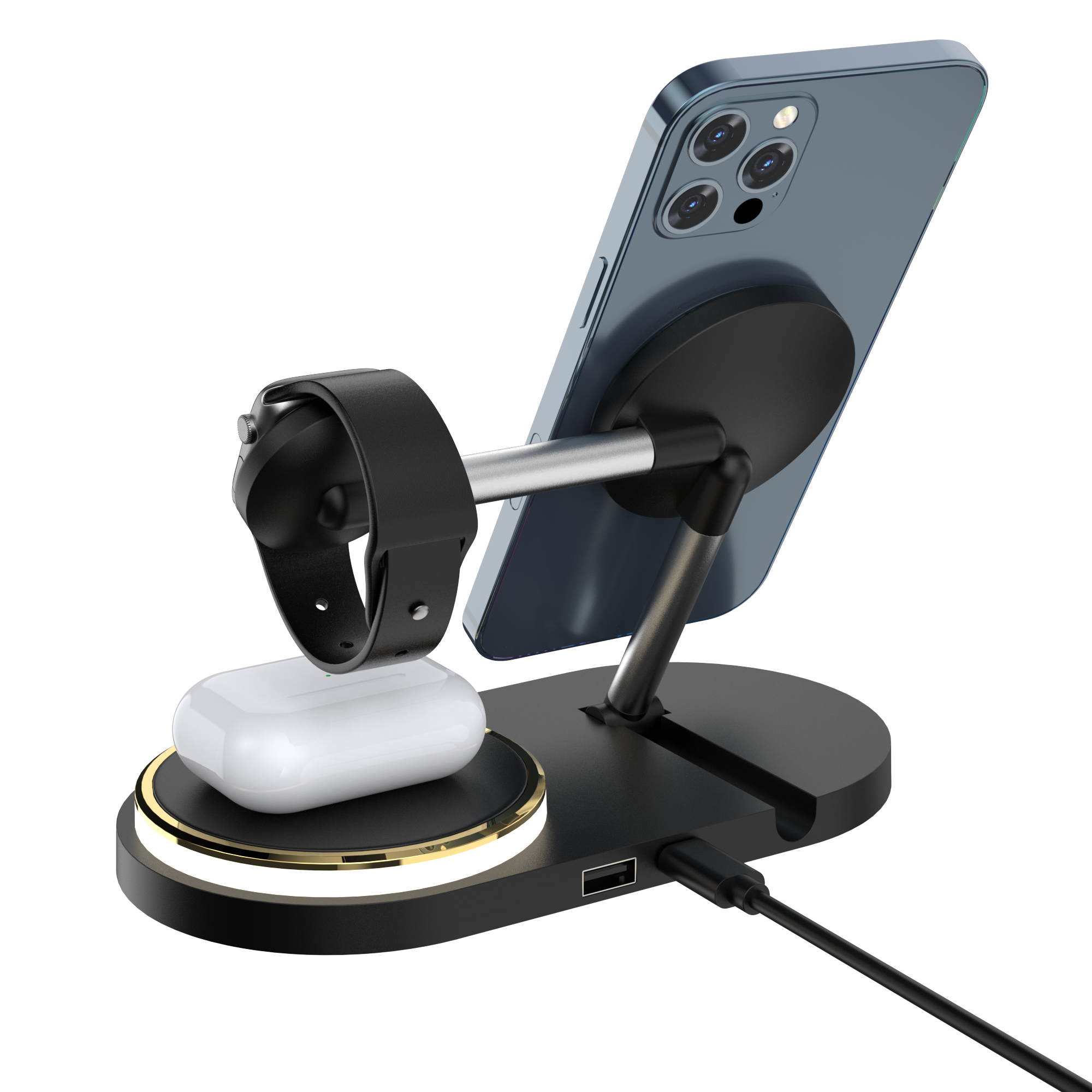 Multifunctional Smart Charger Foldable Wireless Charging Watch Headset 15W Wireless Fast Charging LED Light Black