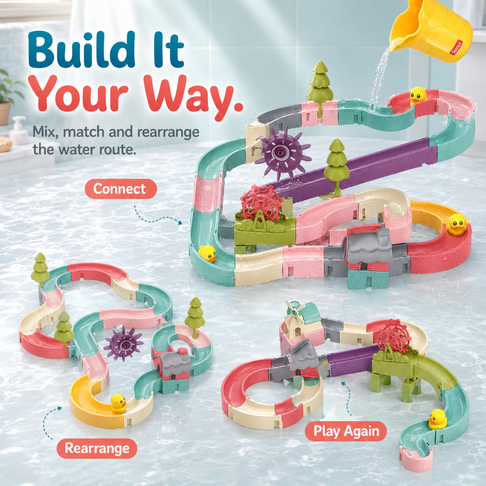 SEDOLA modular bath toy arranged in different water slide track layouts