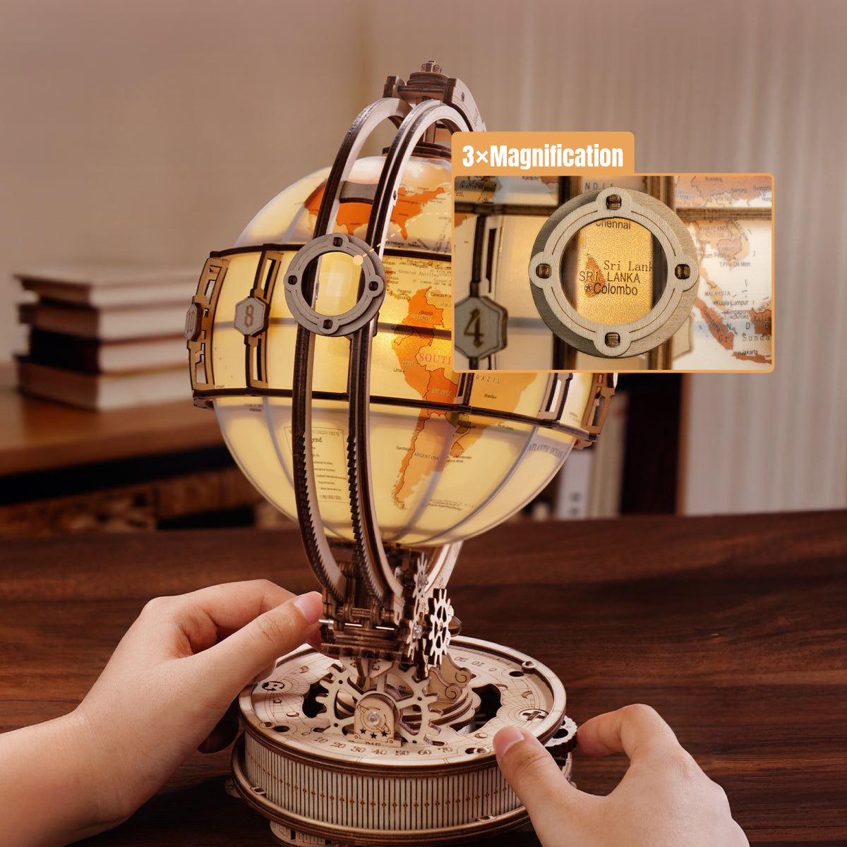 Side view of the ROKR ST003D motor-driven wooden globe and frame