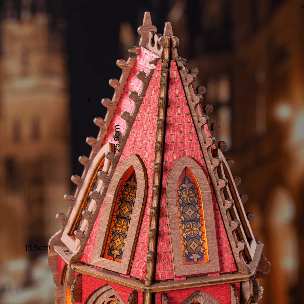 Close-up of the pointed roof and stained-glass side windows on the Rolife Geometric Cathedral TGA03