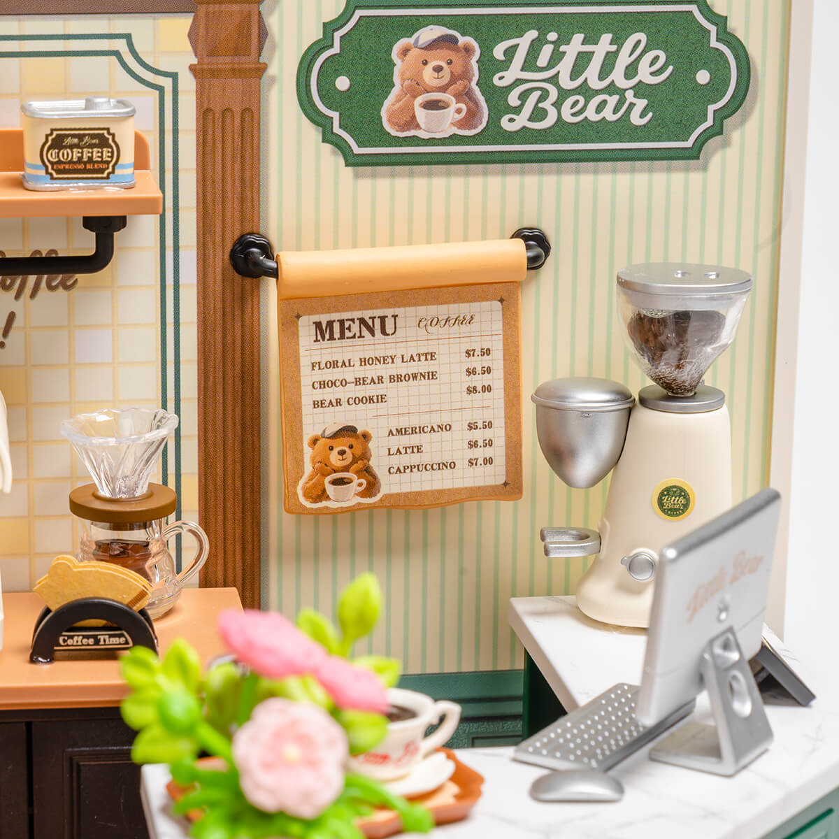 Rolife Perfect Romance Café DW028 — coffee bar and menu detail DIY kit detail