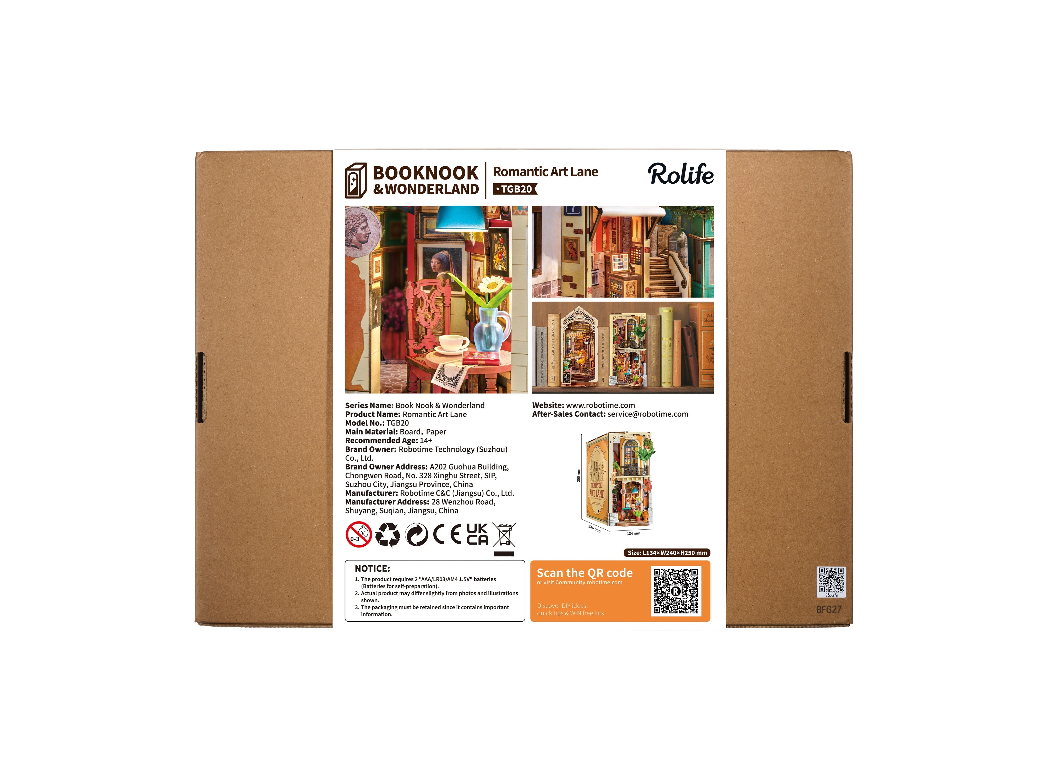 Rolife Romantic Art Lane TGB20 — back of the retail packaging DIY kit