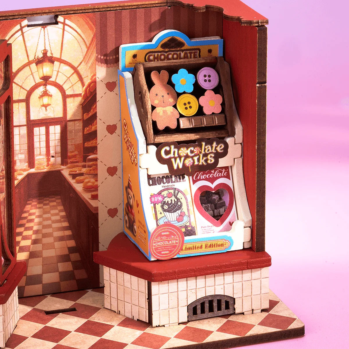 Rolife Sweet Chocolate Shop DS046 close-up of chocolate works display shelf and shop interior detail