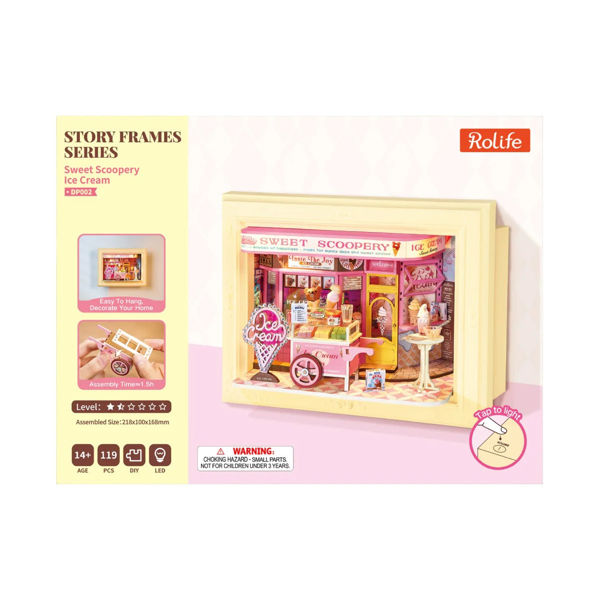 Rolife Sweet Scoopery Ice Cream DP002 product box packaging with completed ice cream shop frame