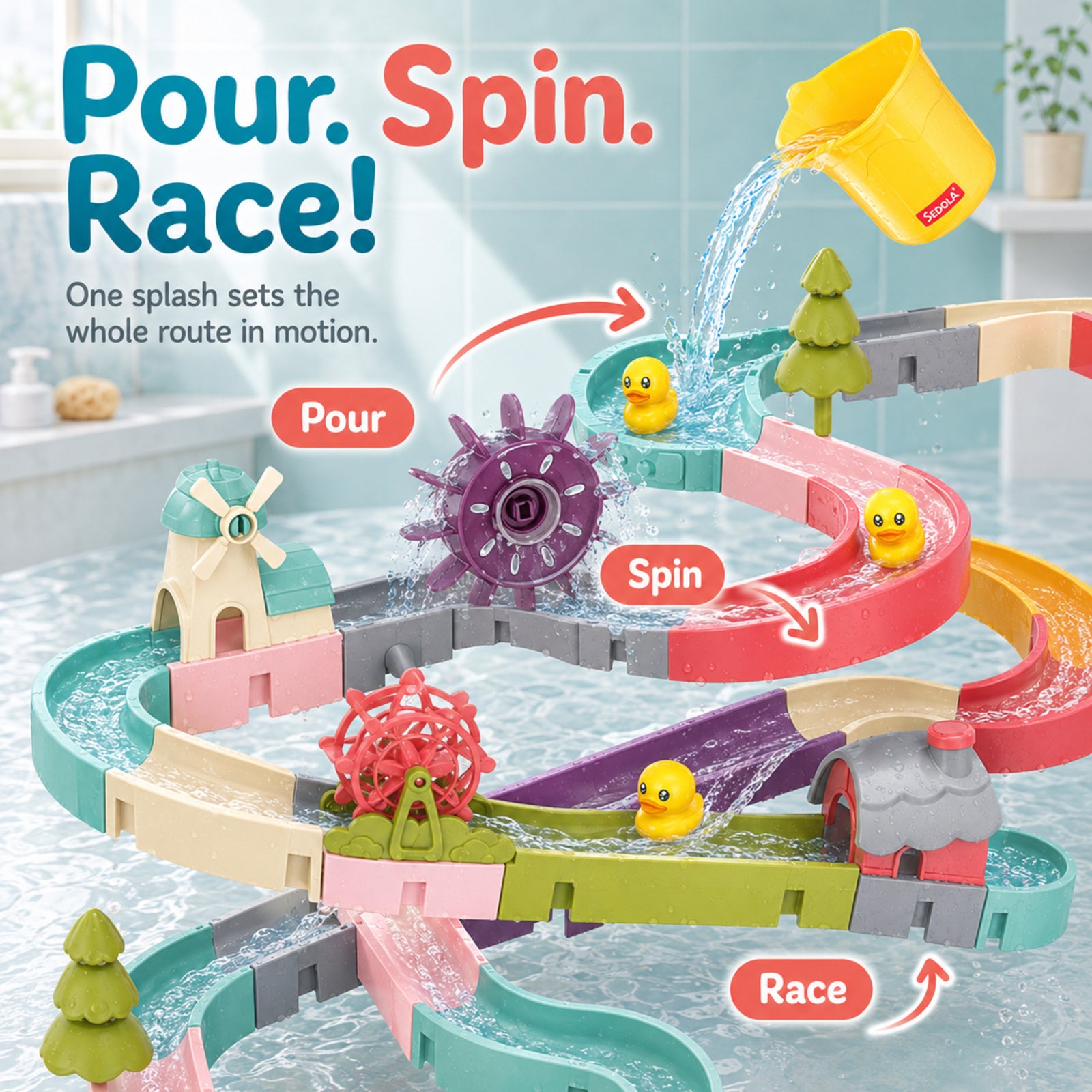 SEDOLA bath toy showing pour, spin and race water play with tracks and wheels