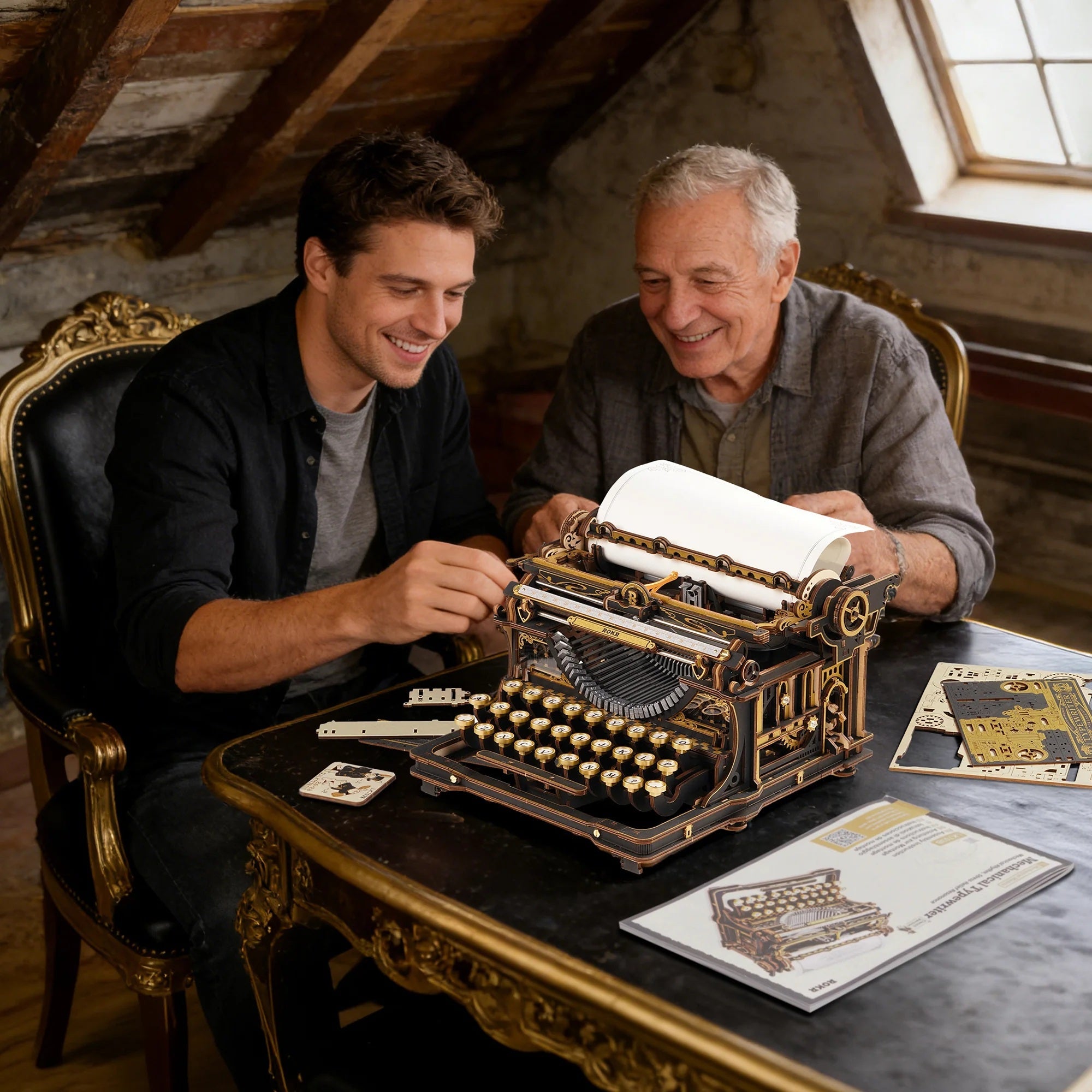ROKR Mechanical Typewriter LK703B gift and hobby building scene with two builders