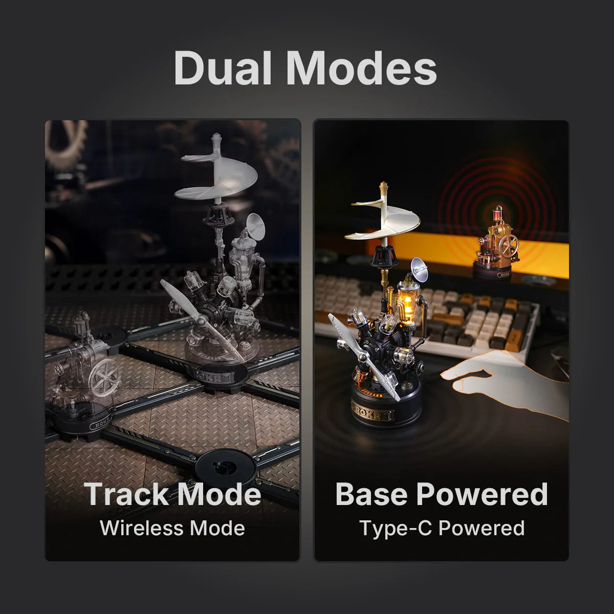ROKR Morse Telegraph CGM02 dual connection modes showing track mode and Type-C powered base mode