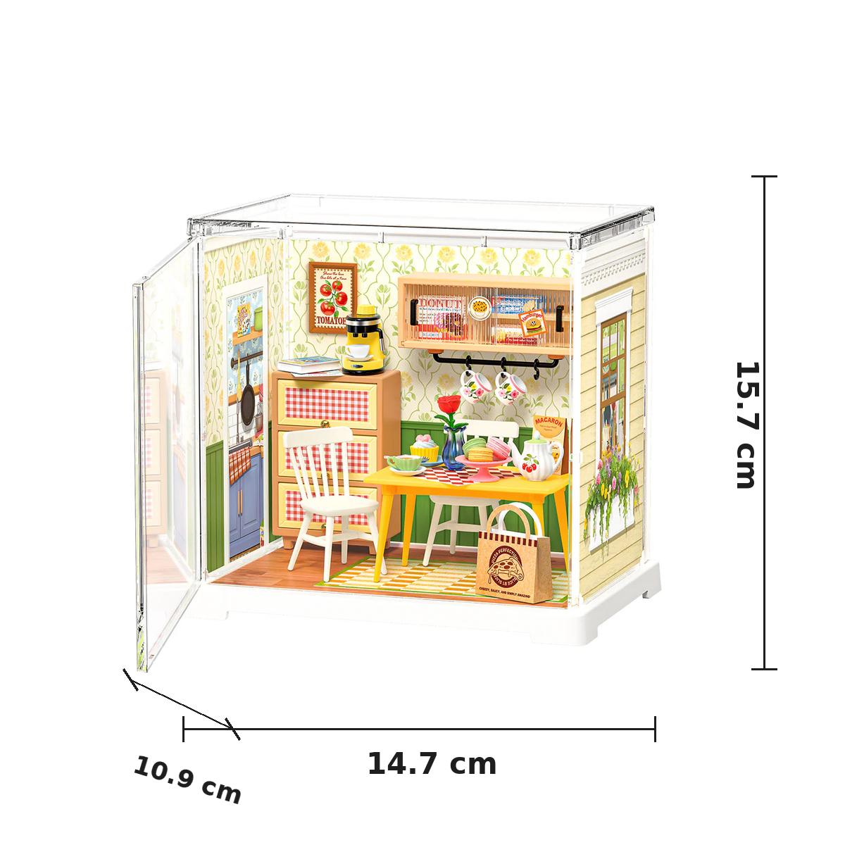 Rolife Floral Dining Room DWS06B size guide showing assembled dimensions 14.7 x 10.9 x 15.7 cm
