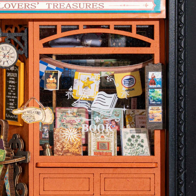 Close-up of Rolife Old Times Bookstore DP004 glass window with book posters, bookmarks and vintage shopfront details