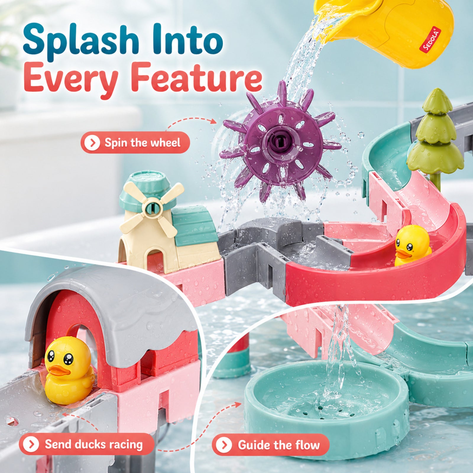 SEDOLA water slide bath toy with interactive wheels, tracks and duck play pieces