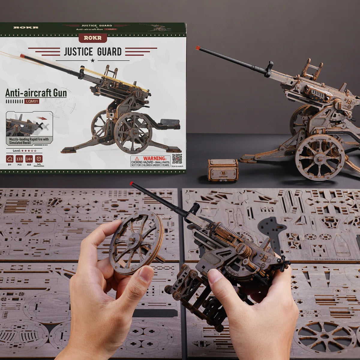 ROKR Anti-aircraft Gun LQM01 box, wooden parts and assembly process overview