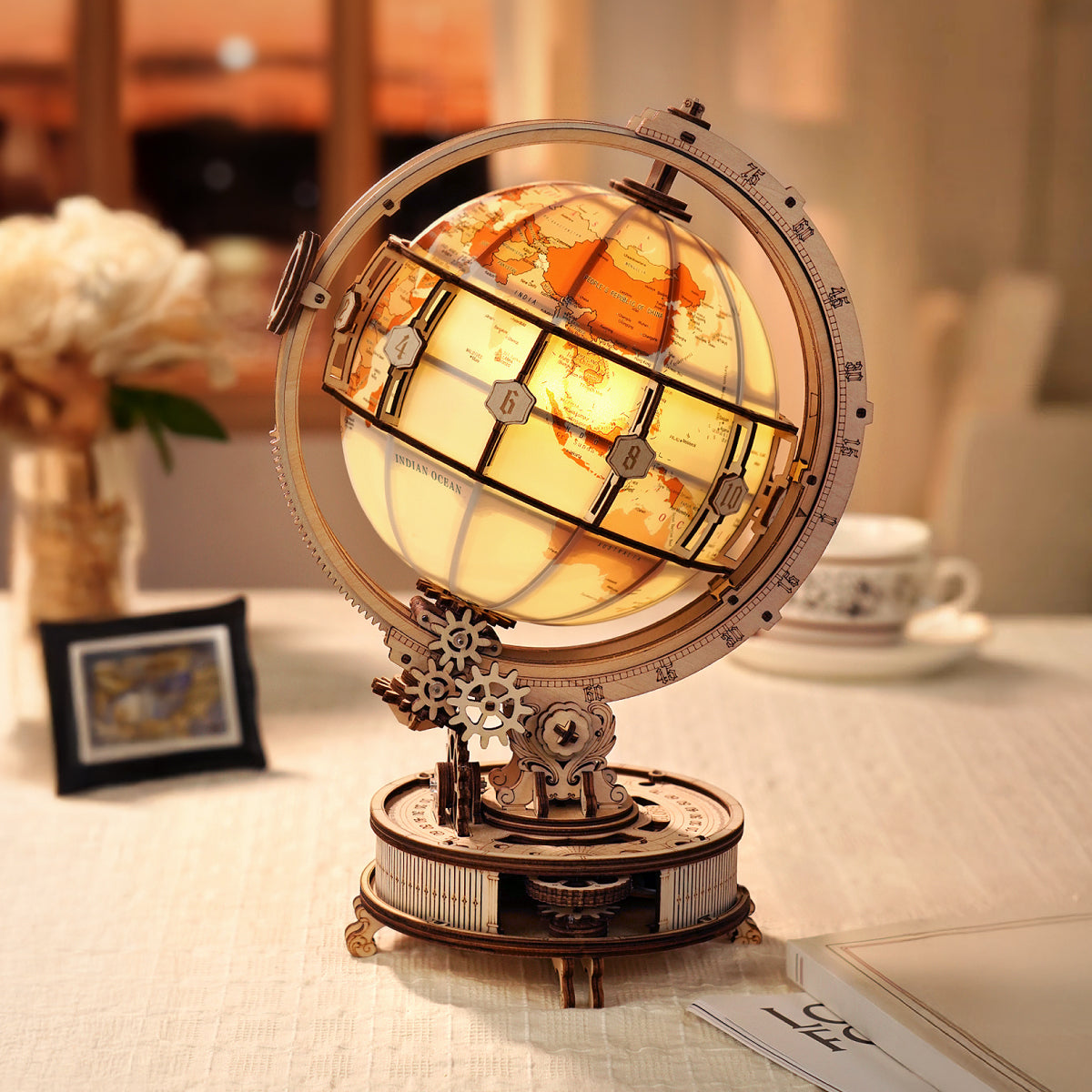 ROKR ST003D illuminated wooden globe in a living room setting