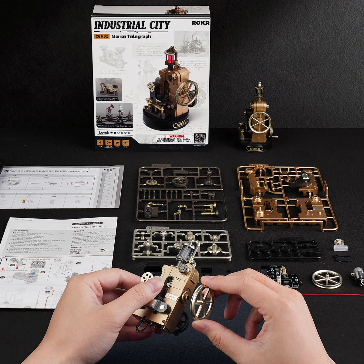 ROKR Morse Telegraph CGM02 kit contents with box, parts, instructions and assembled model