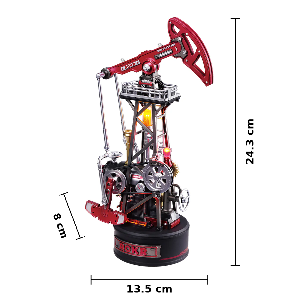 ROKR Oil Pump Jack CGL03 assembled size guide in centimetres showing 13.5 cm by 8 cm by 24.3 cm