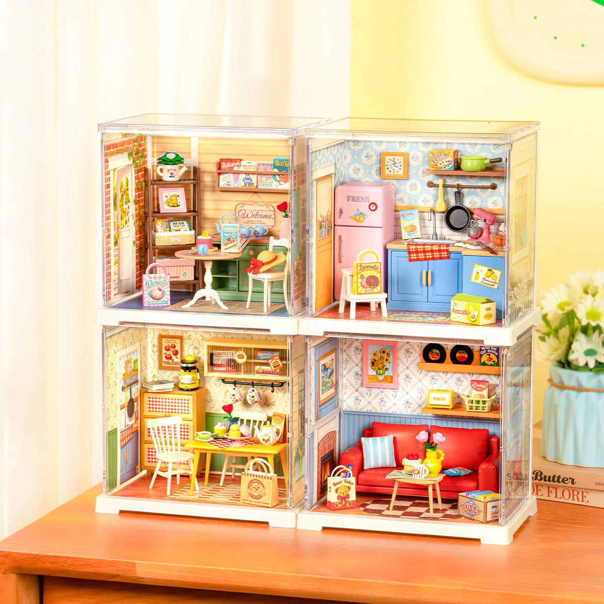 Rolife Country Blue Lounge DWS05B stacked with compatible Mini Super Creator miniature room kits