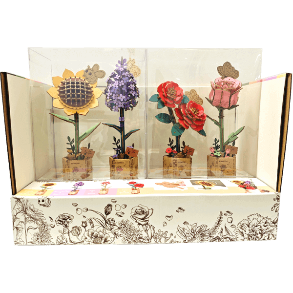 Rowood Wooden Bloom Craft series display featuring Sunflower TW011 with other wooden flower models