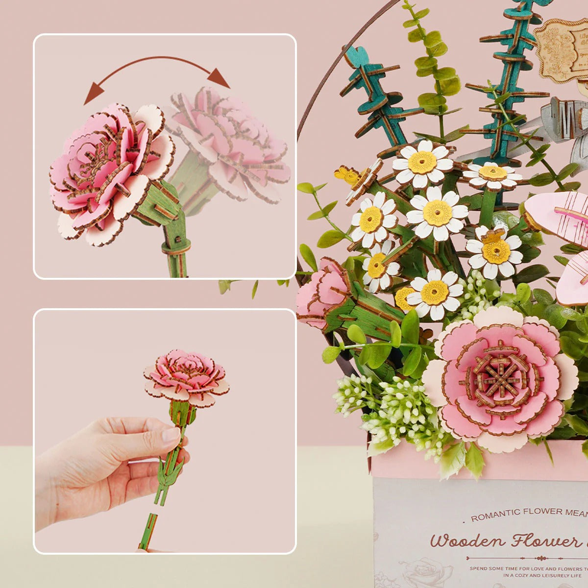 Close-up detail of adjustable wooden flower stems and blooms in Rowood Wooden Flower Basket TW03H