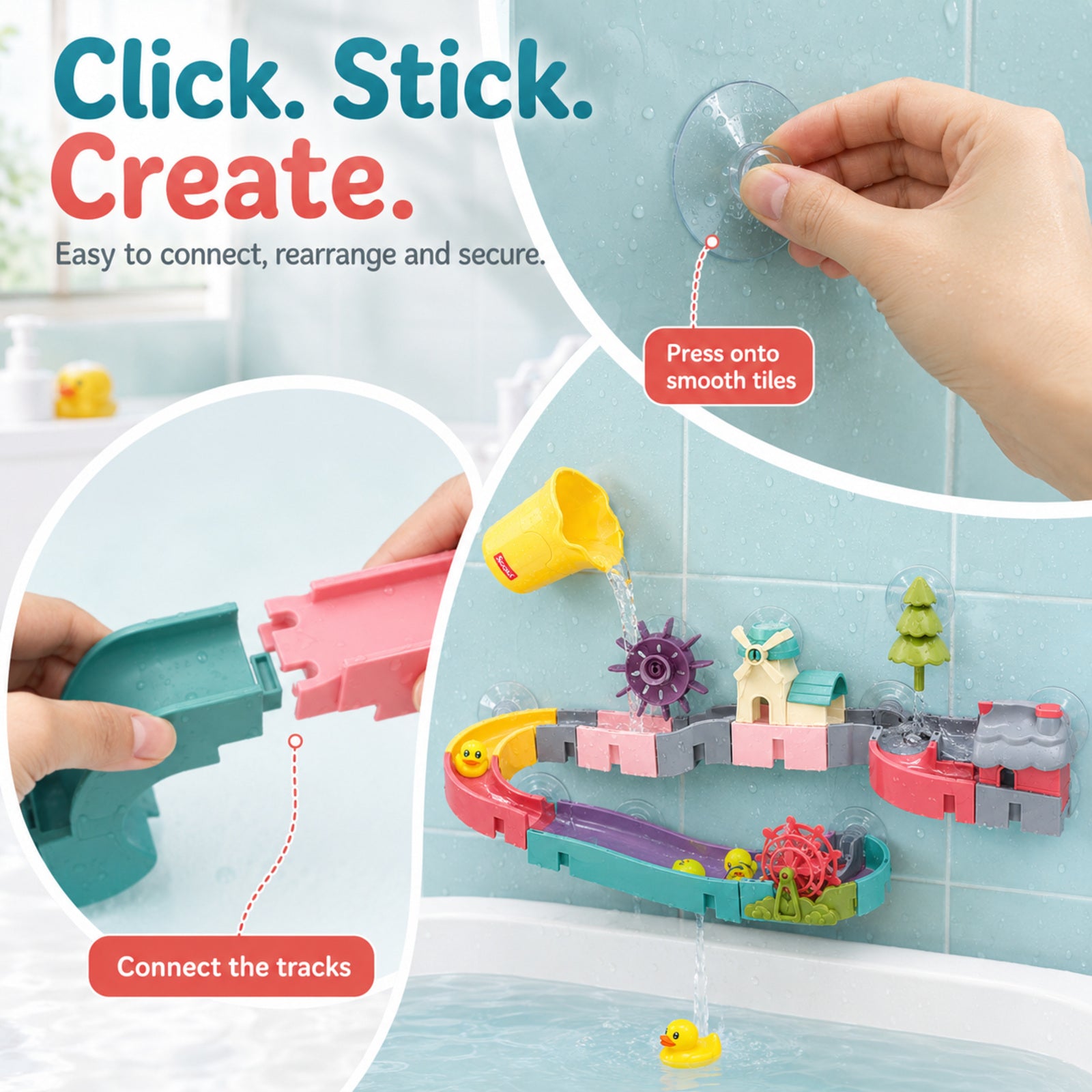 SEDOLA bath toy track connectors and suction cup wall mounting features