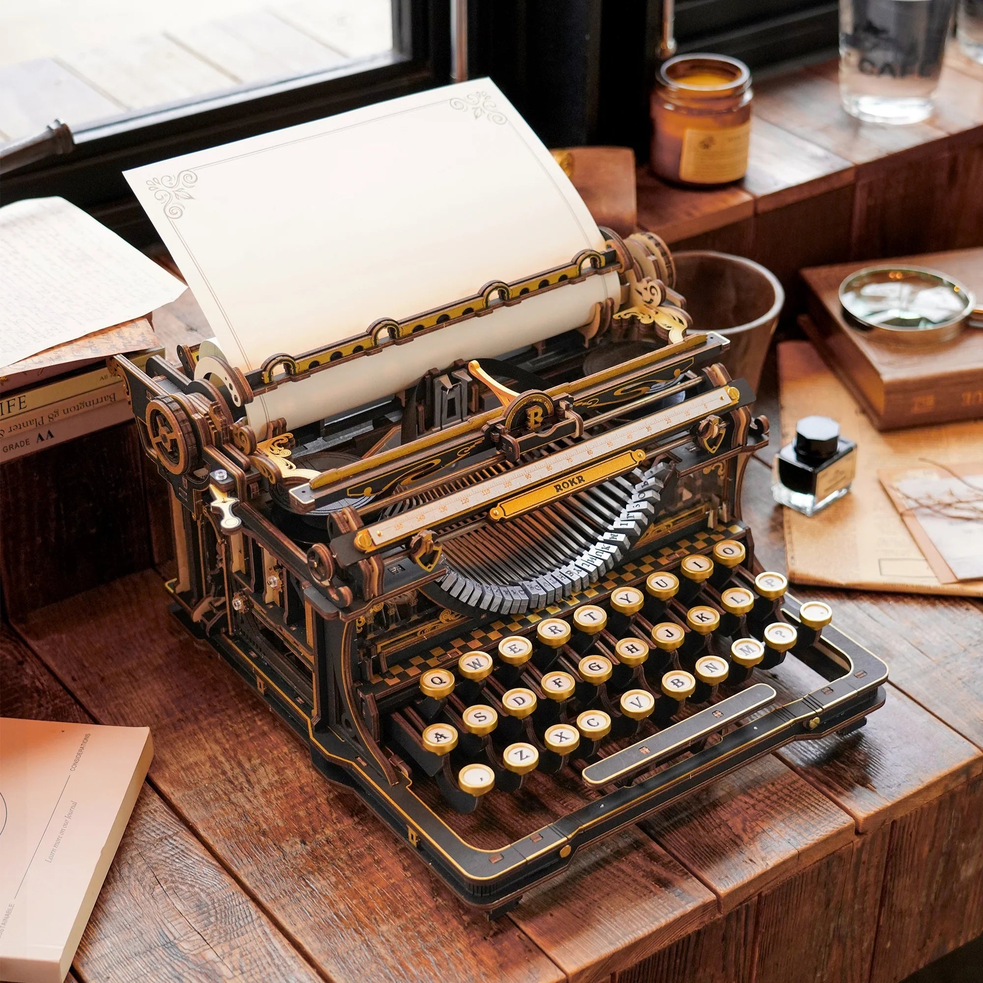 ROKR Mechanical Typewriter LK703B vintage desk display on wooden tabletop