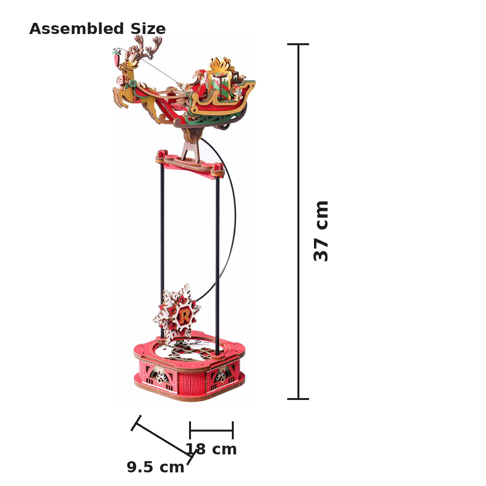 ROKR Santa on Sleigh MCD05 size guide showing assembled dimensions 18 x 9.5 x 37 cm