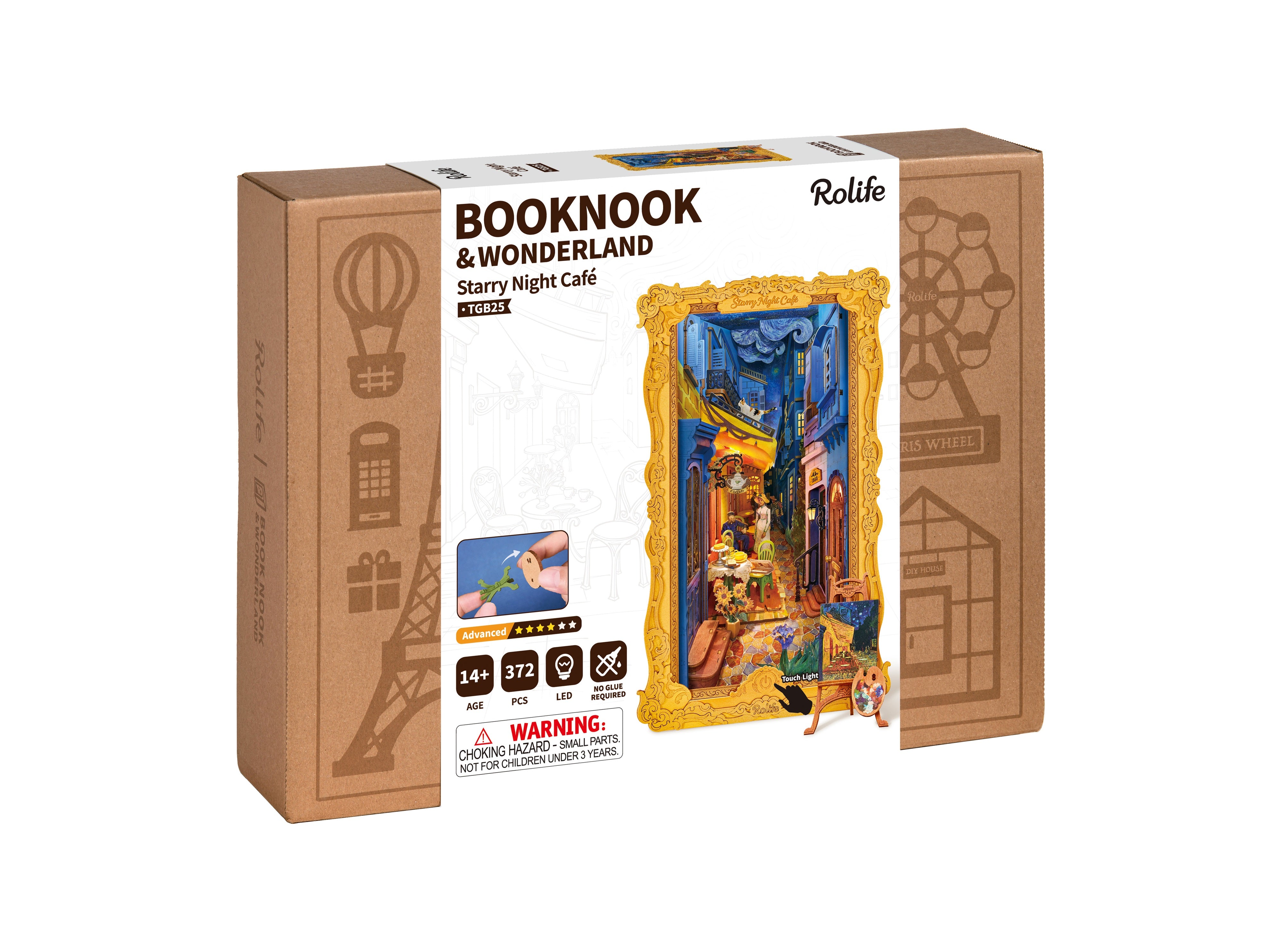 Rolife Starry Night Café TGB25 — retail packaging viewed at an angle DIY kit