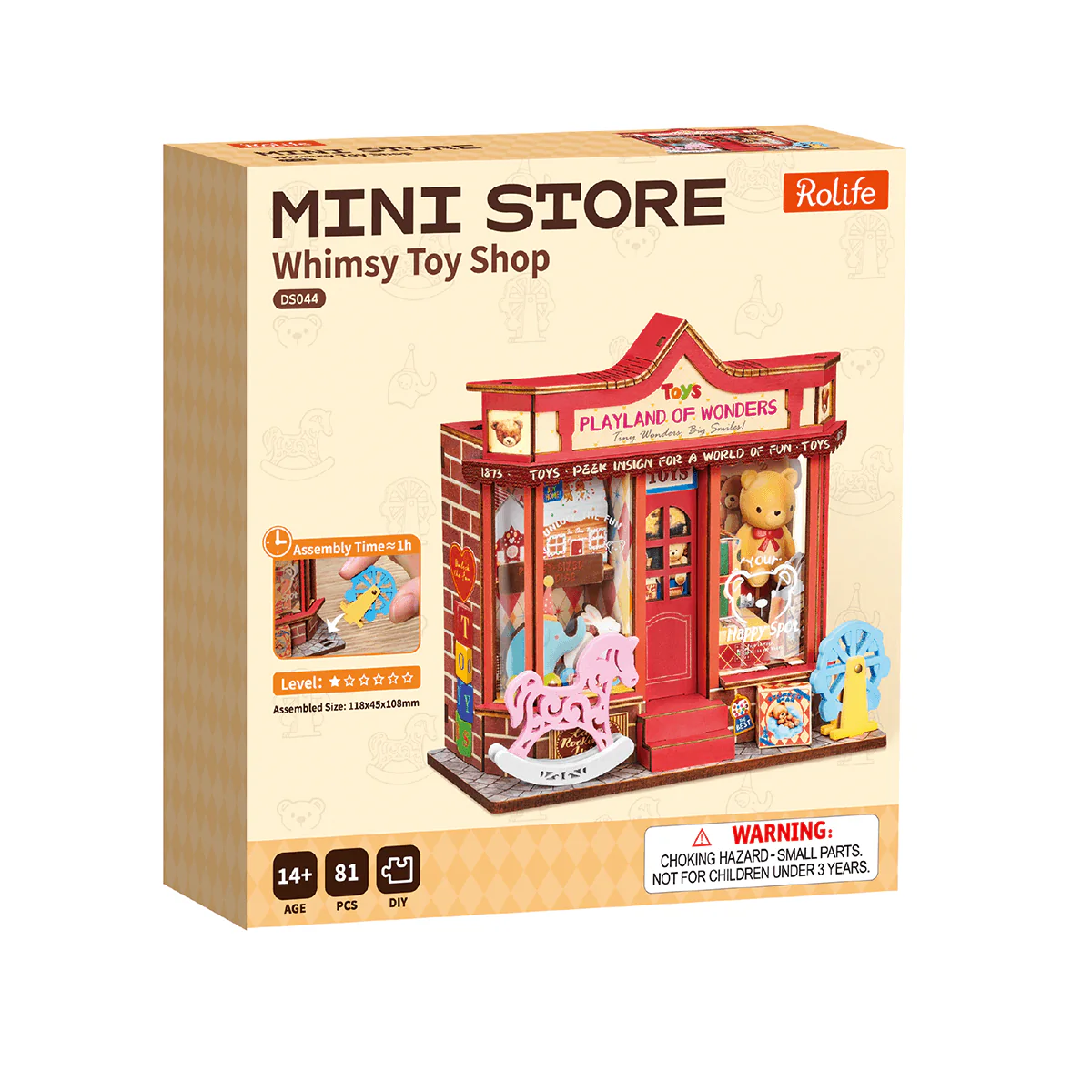 Rolife Whimsy Toy Shop DS044 retail packaging box with finished model image and 81-piece kit information.