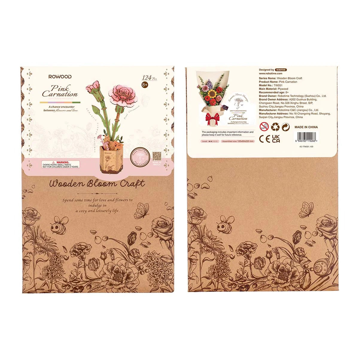 Rowood Pink Carnation TW051 wooden flower puzzle packaging box front and back