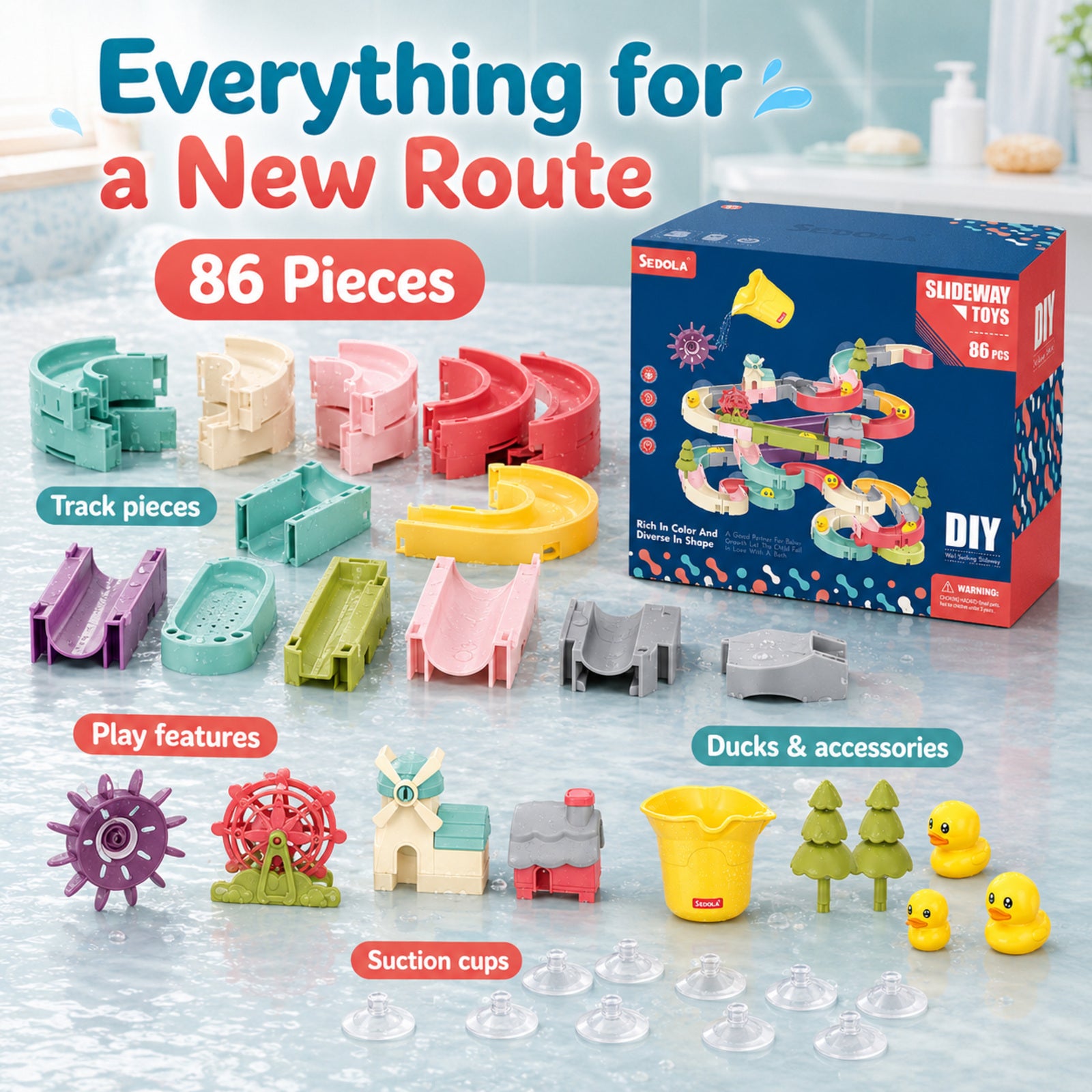 SEDOLA 86-piece bath toy retail packaging and included track components