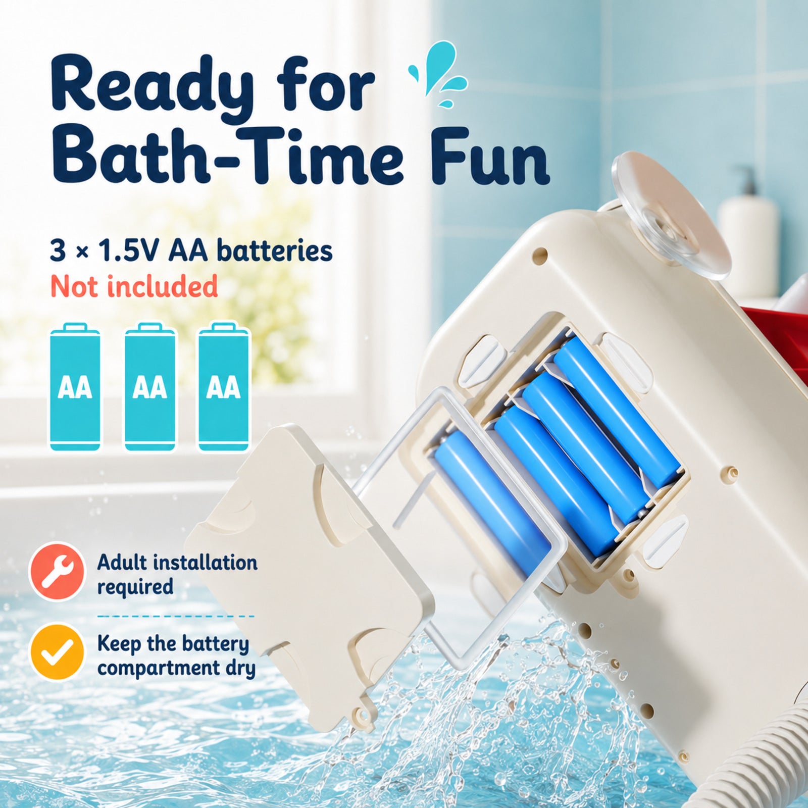 SEDOLA electric bath toy battery requirement of three AA batteries not included
